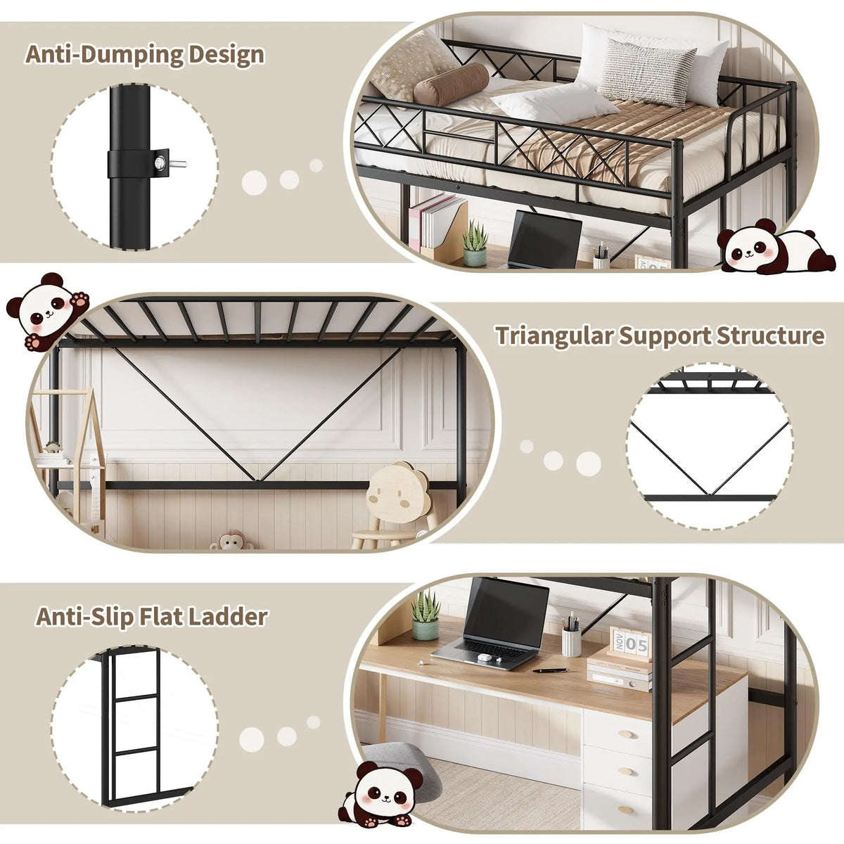 HiMISS Metal Loft Bed Frame With Arched Guardrail Steel Slats