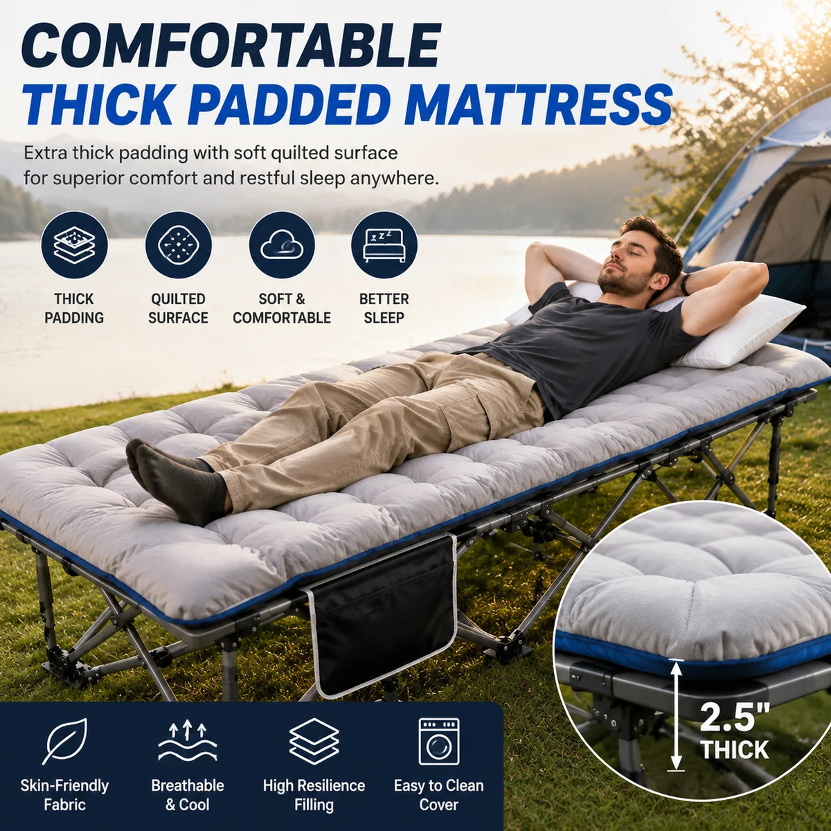 Portable Folding Camping Cot With Thick Padded Mattress