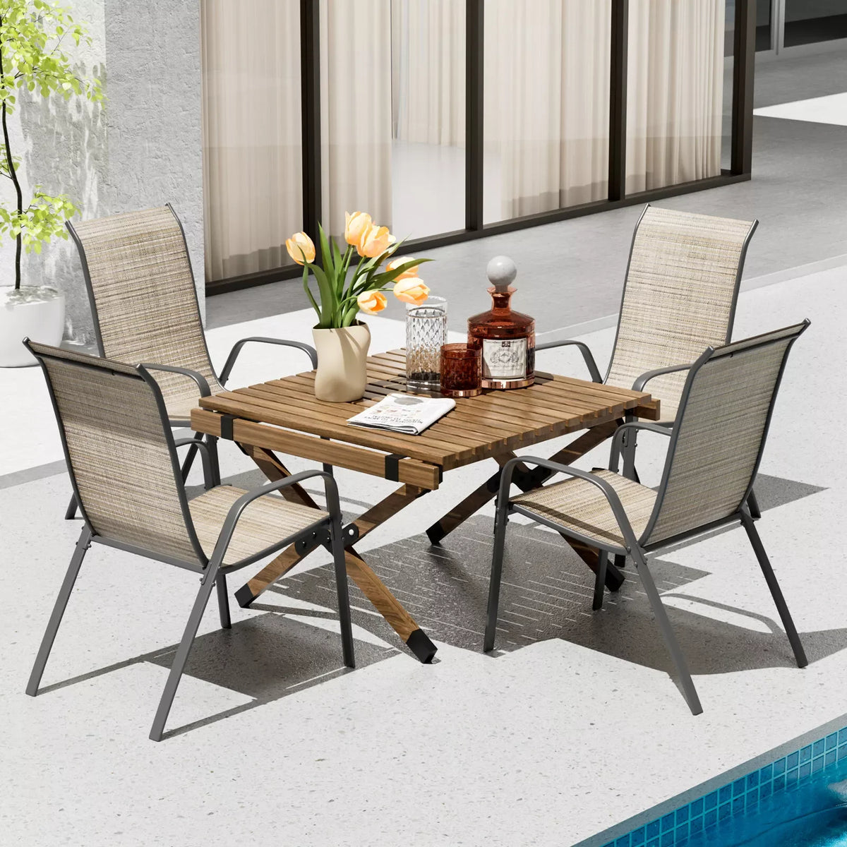 Homfa Set of 4 Outdoor Patio Chairs Stackable Textilene Armrests