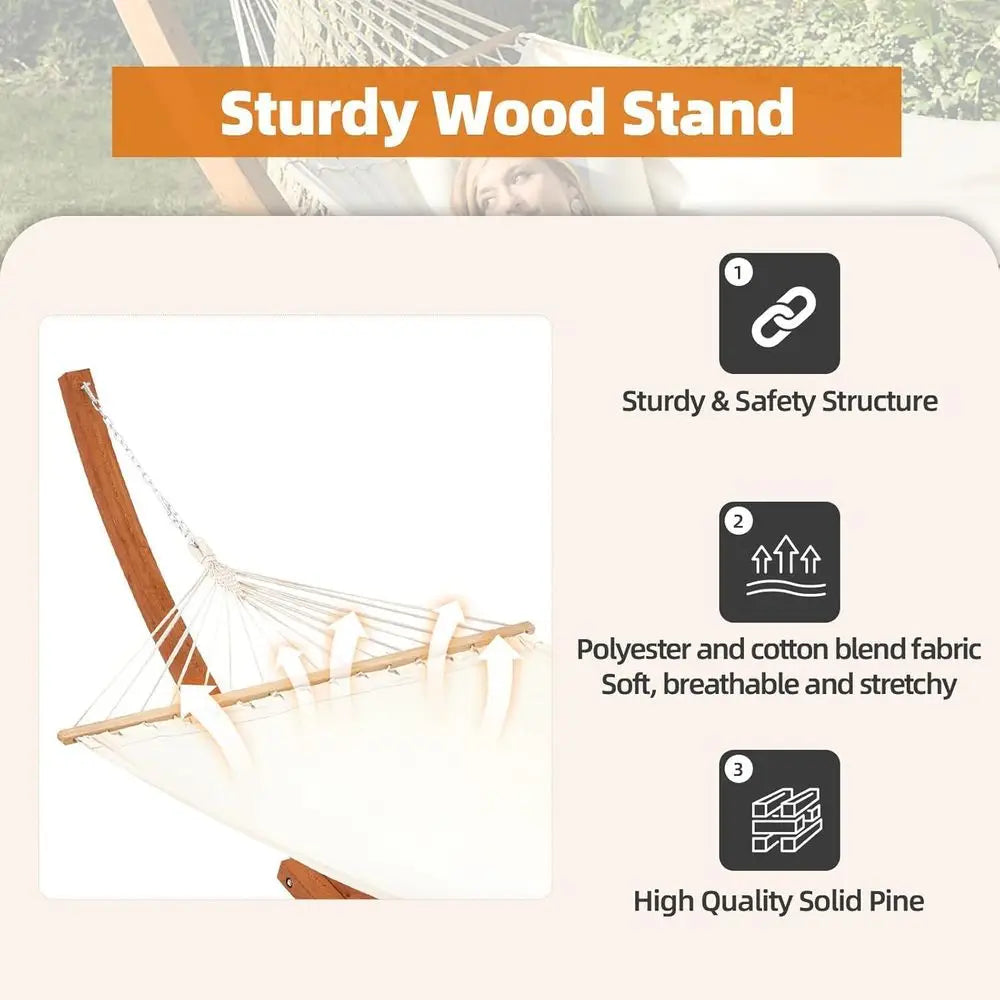Heavy Duty Double Hammock With Wooden Stand For Patio Garden
