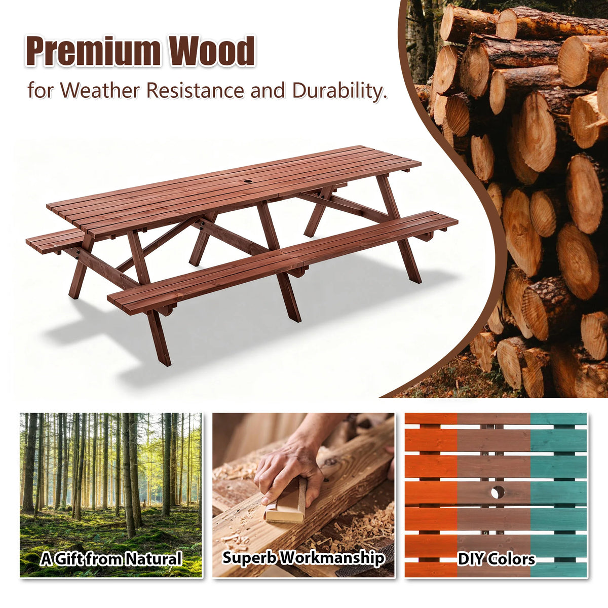Premium Solid Hardwood Outdoor Picnic Table With Built In Benches