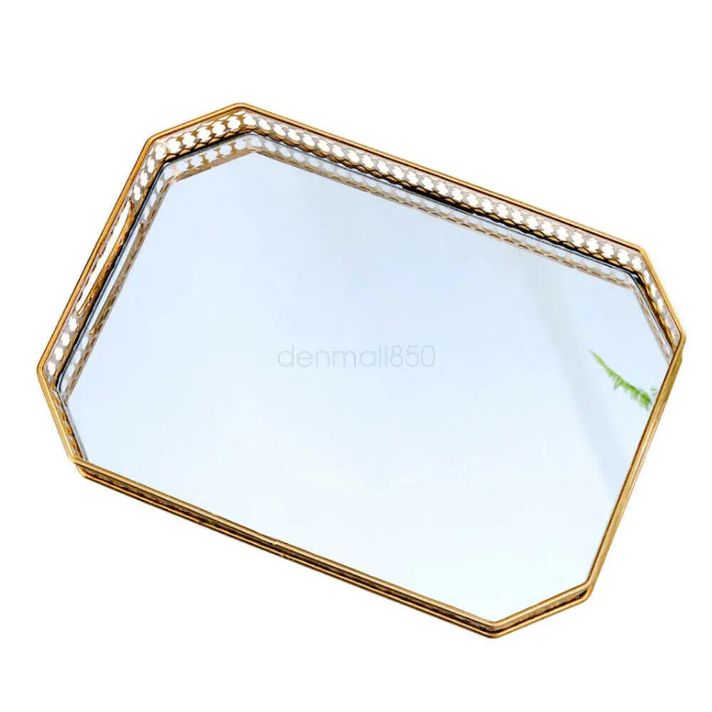 Decorative Glass Top Metal Vanity Tray For Makeup Jewelry Storage