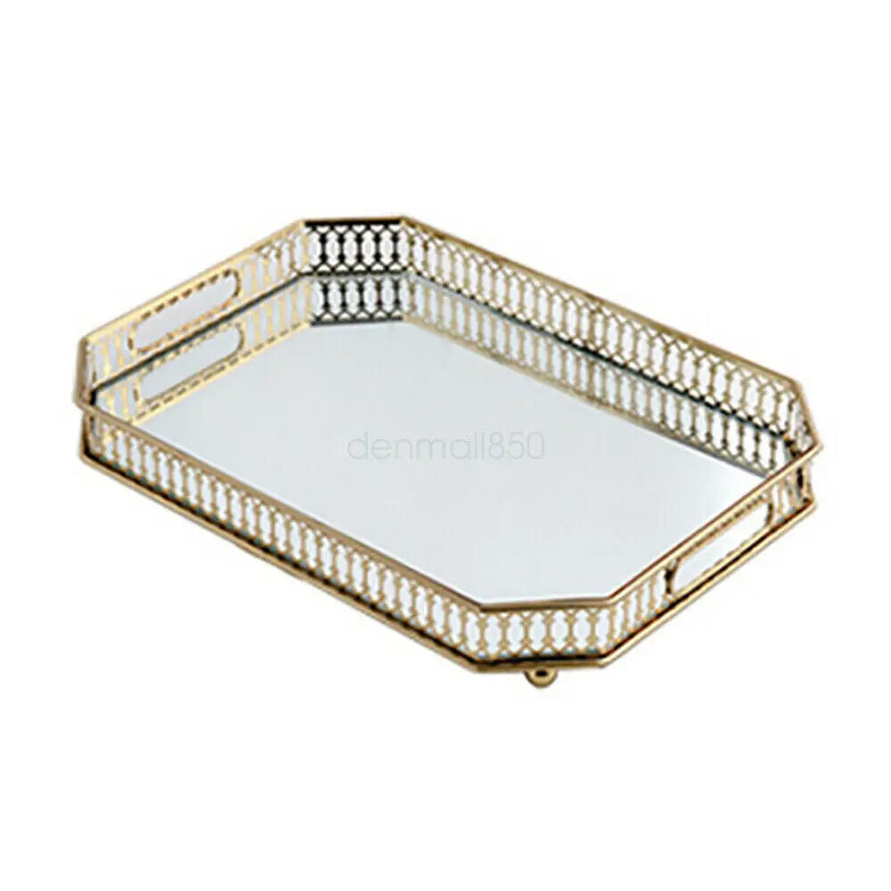 Decorative Glass Top Metal Vanity Tray For Makeup Jewelry Storage