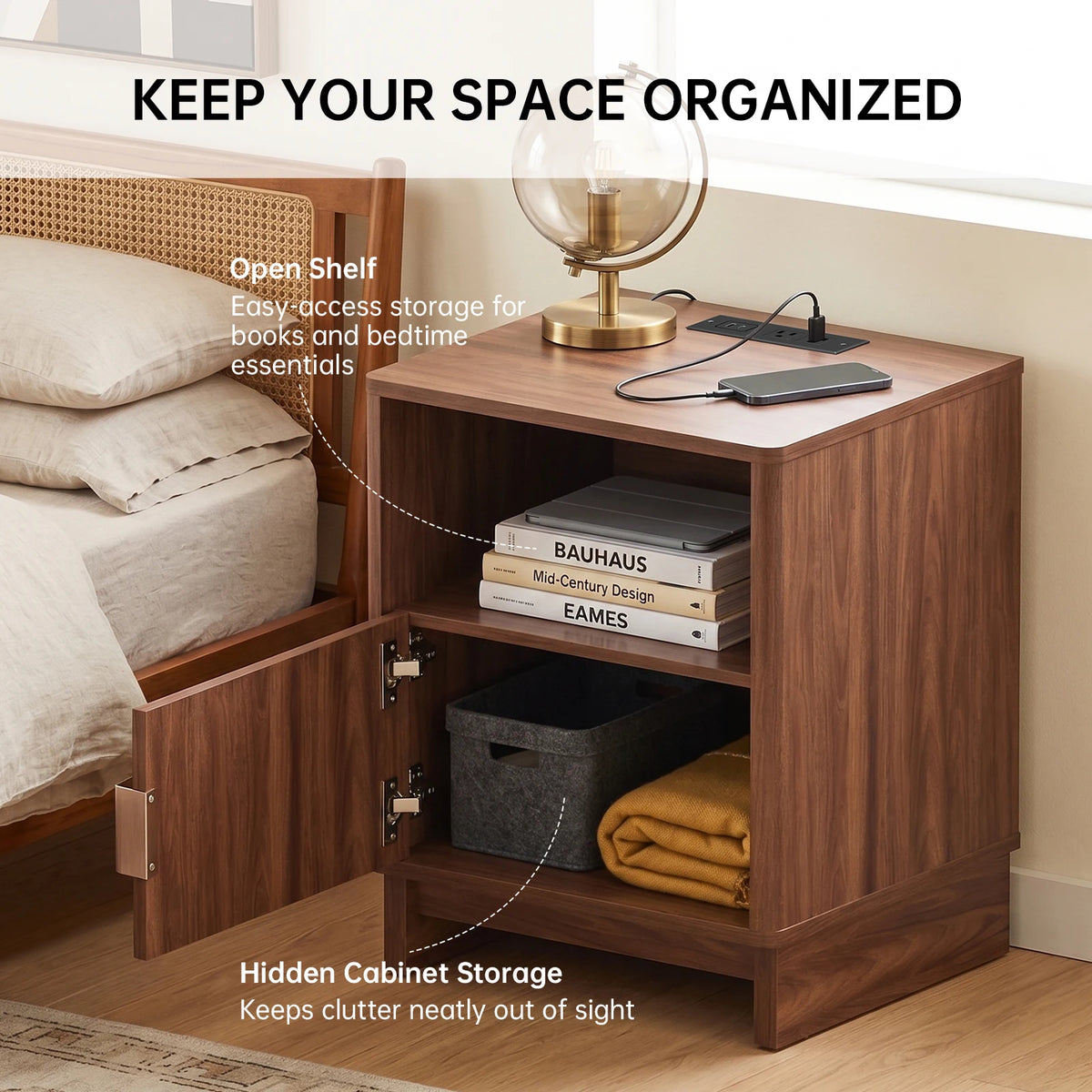 TinyNest Fluted Wood Nightstand With Charging Station