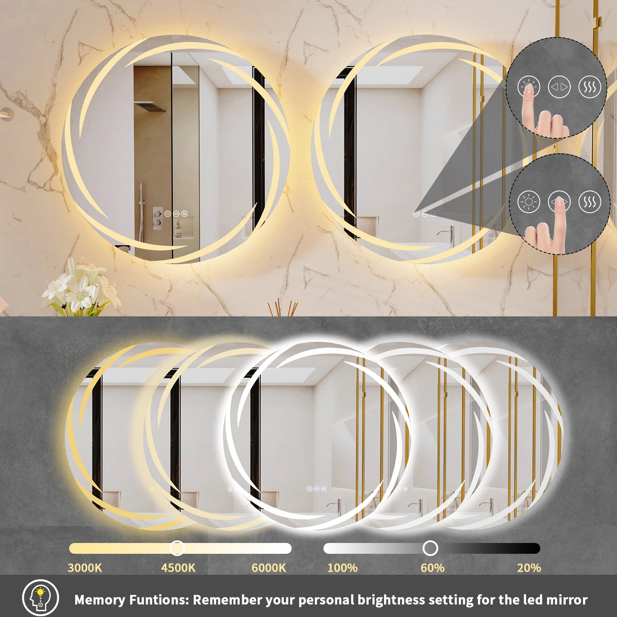 Anti Fog LED Wall Mounted Bathroom Mirror With Adjustable Backlight