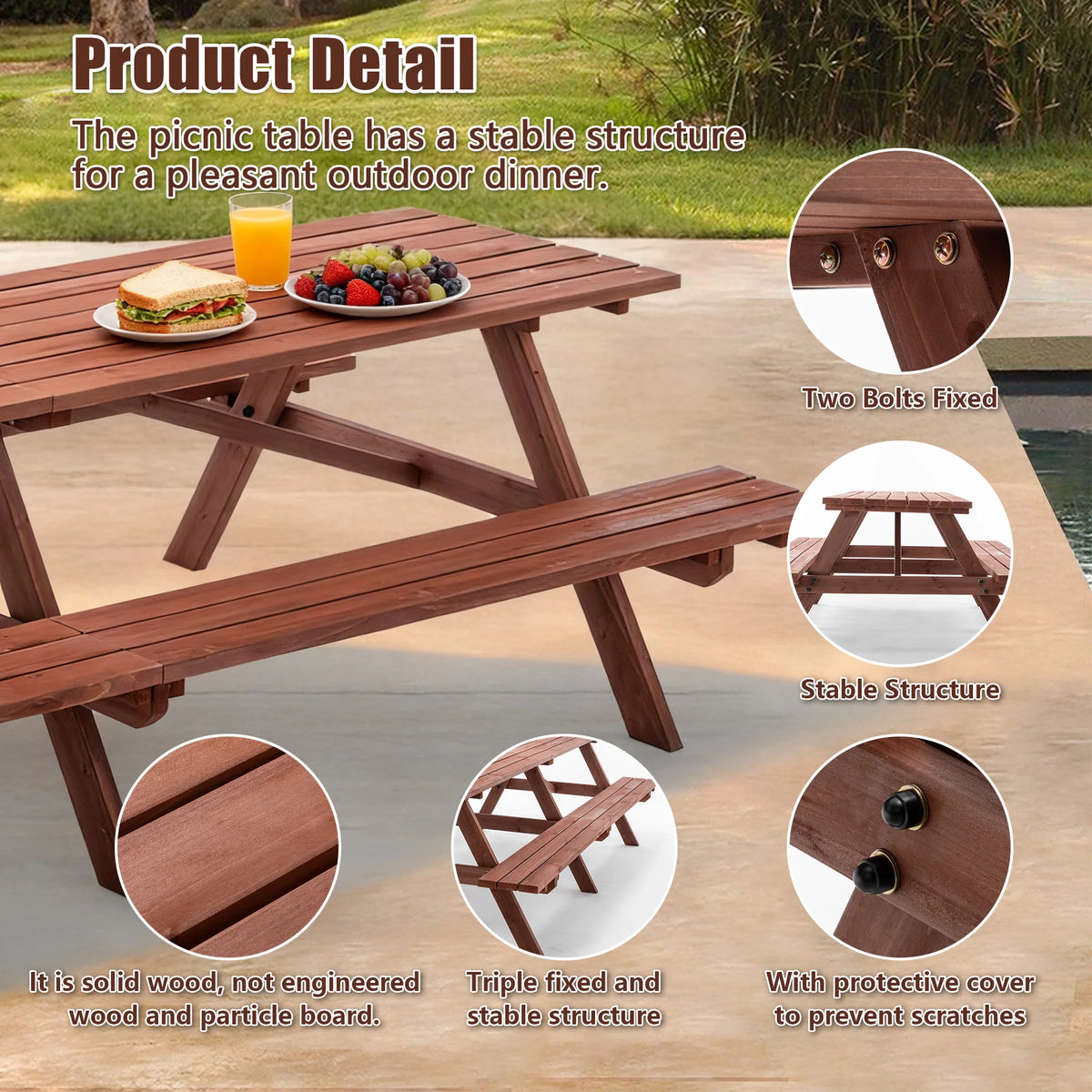 Premium Solid Hardwood Outdoor Picnic Table With Built In Benches