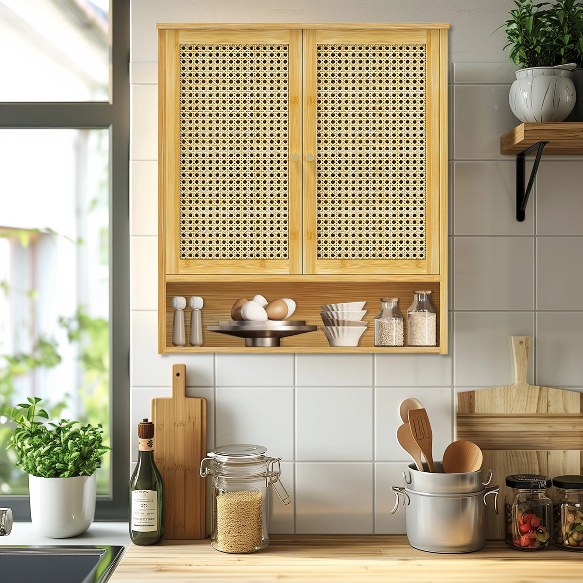 Bamboo Wall Cabinet With Triple Shelves And Double Doors