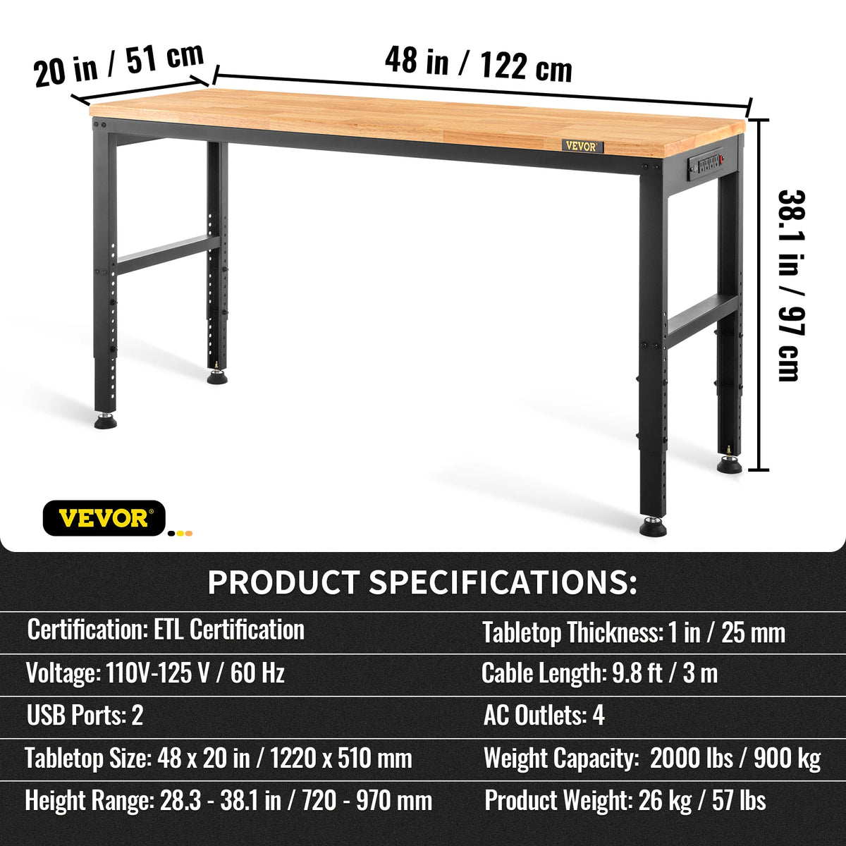 SucceBuy Adjustable Height Woodworking Workbench With Hardwood Top