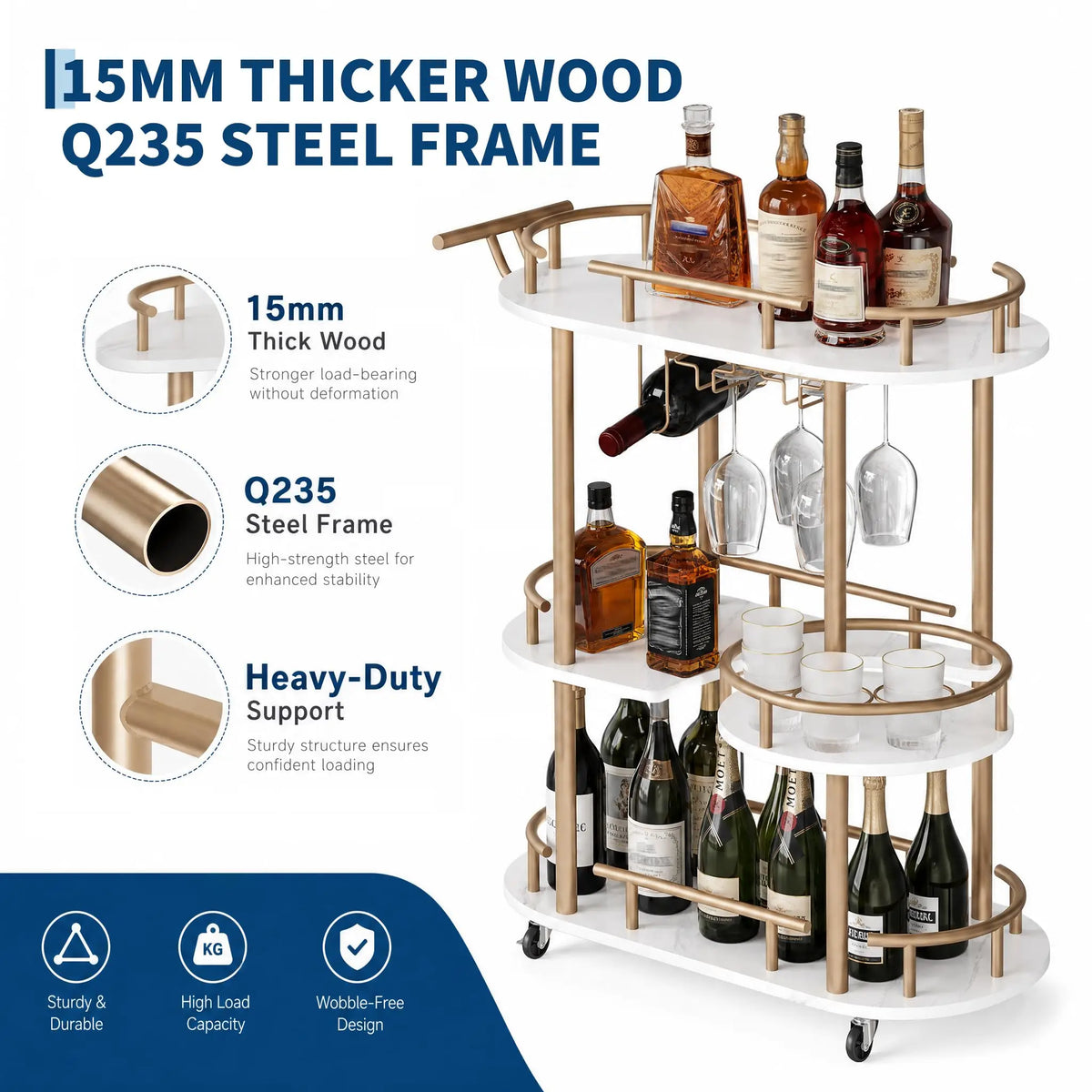 HiMISS 3 Tier Metal Rolling Bar Cart With Wine Rack Holder