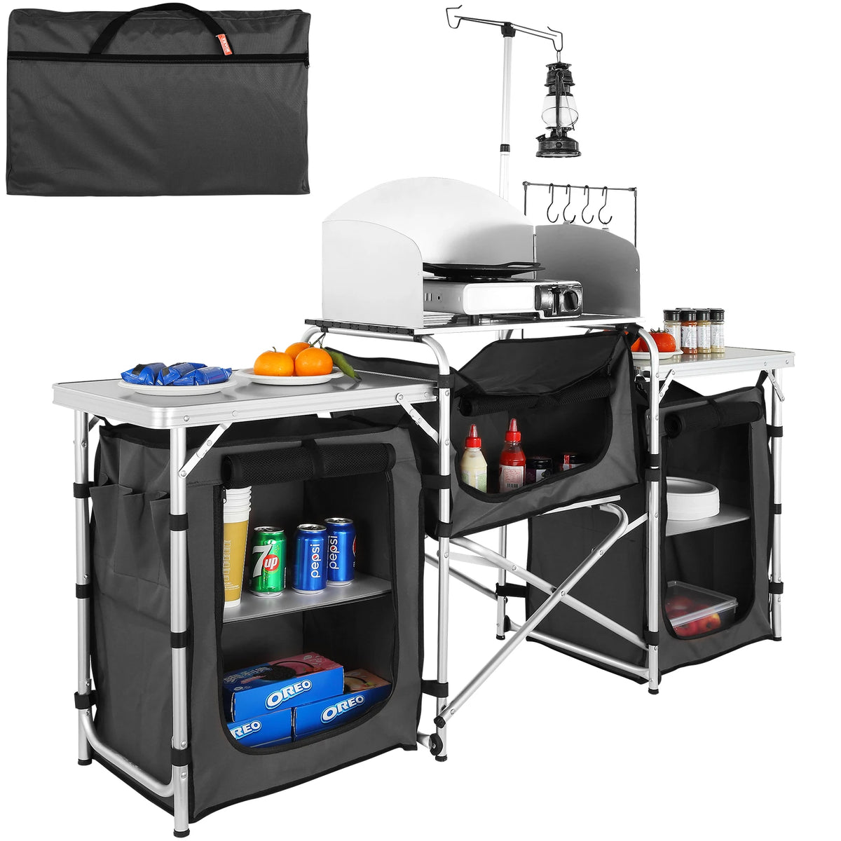 SucceBuy Portable Folding Camping Kitchen Table With Storage Rack