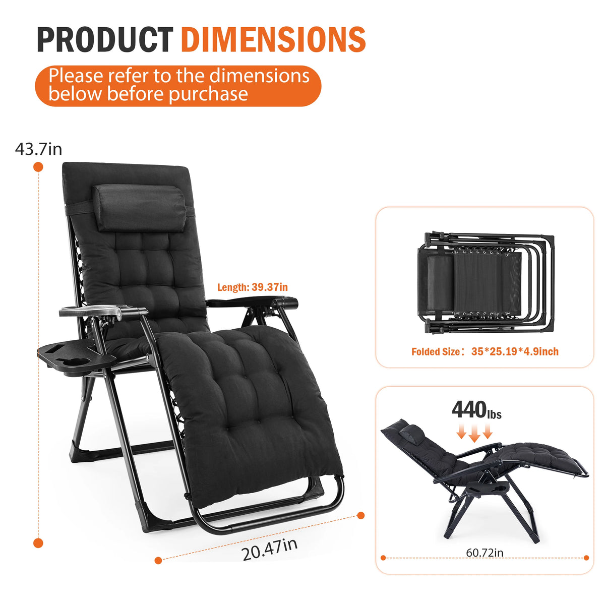 JHK Zero Gravity Reclining Camping Lounge Chair Cup Holder