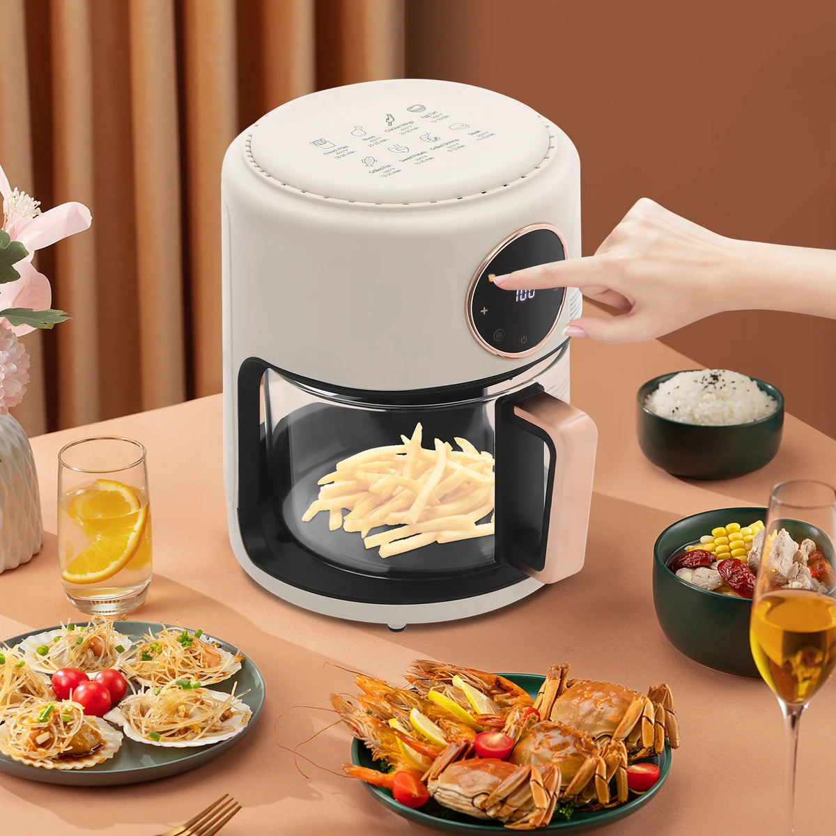 Bymaocar 1200W Touchscreen Air Fryer With Borosilicate Glass Chamber