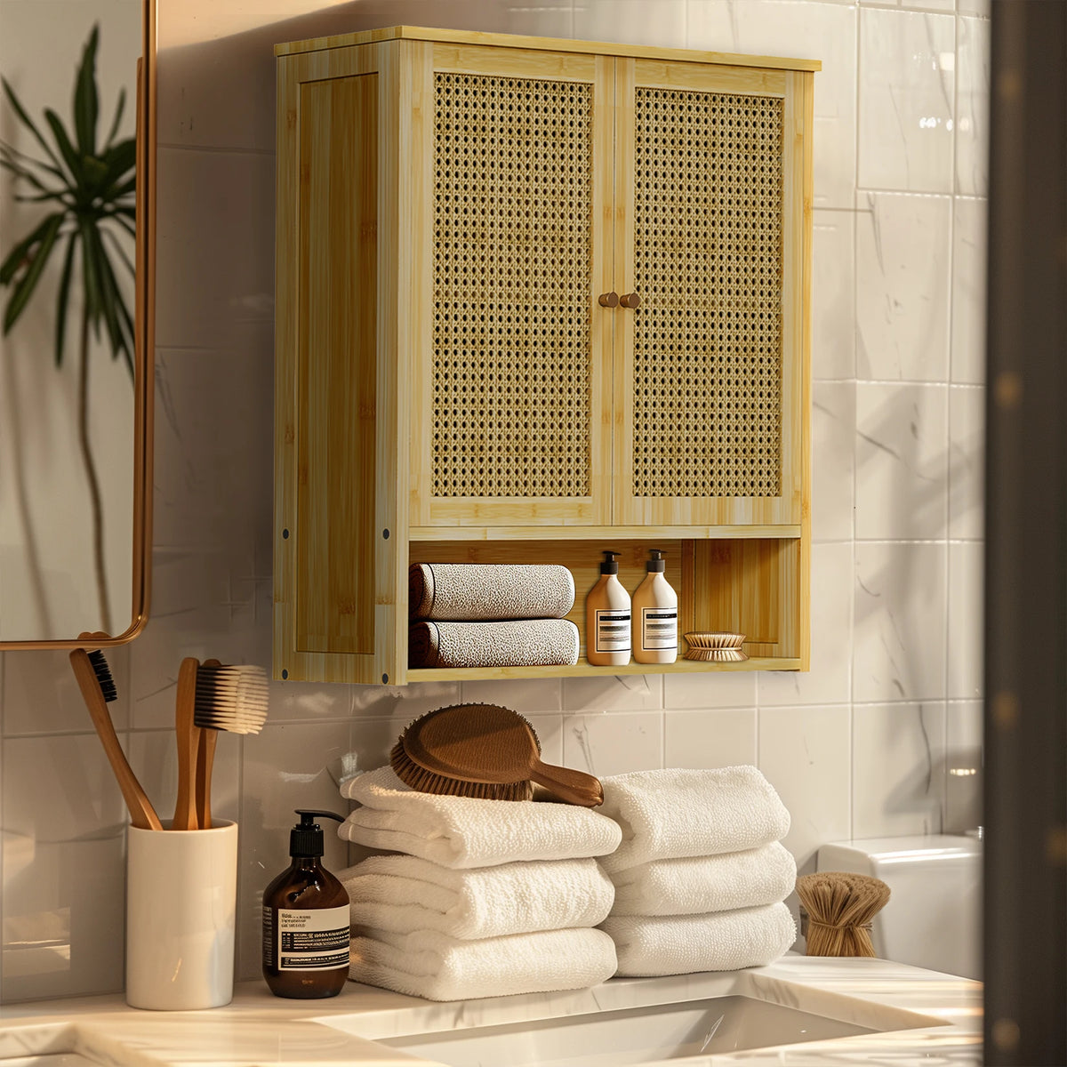 Bamboo Wall Cabinet With Triple Shelves And Double Doors