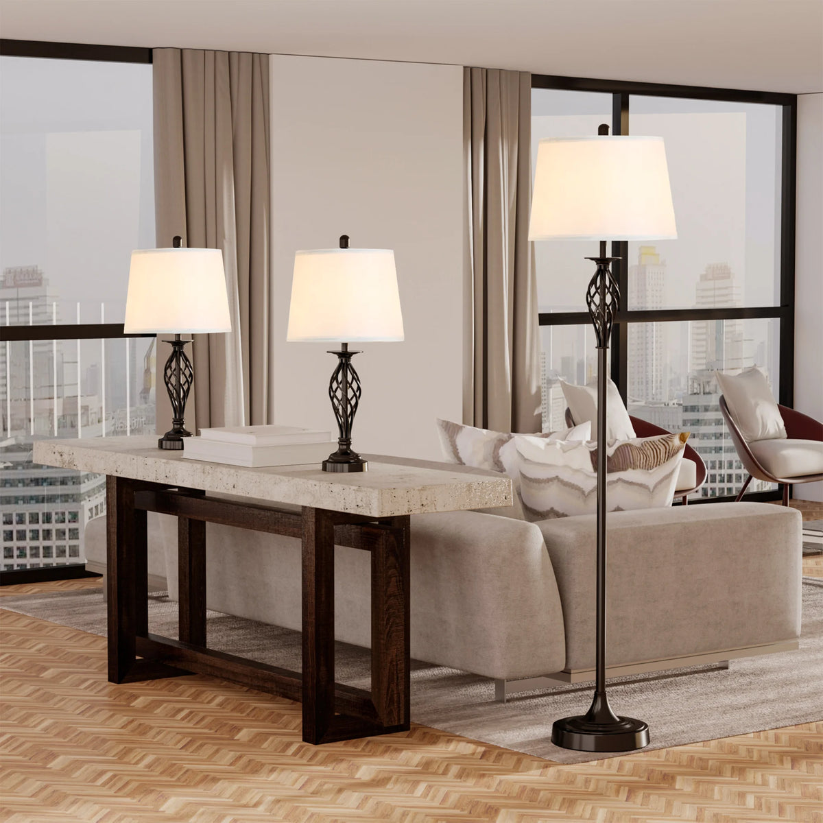 HOMCOM 3 Piece Contemporary Table And Floor Lamp Set
