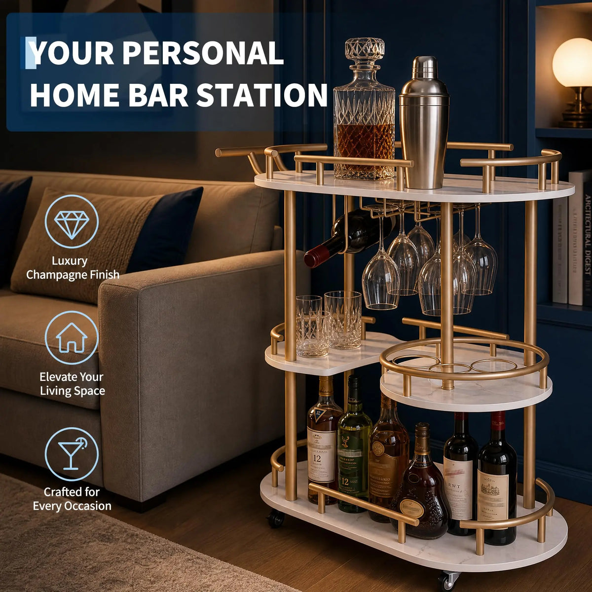 HiMISS 3 Tier Metal Rolling Bar Cart With Wine Rack Holder