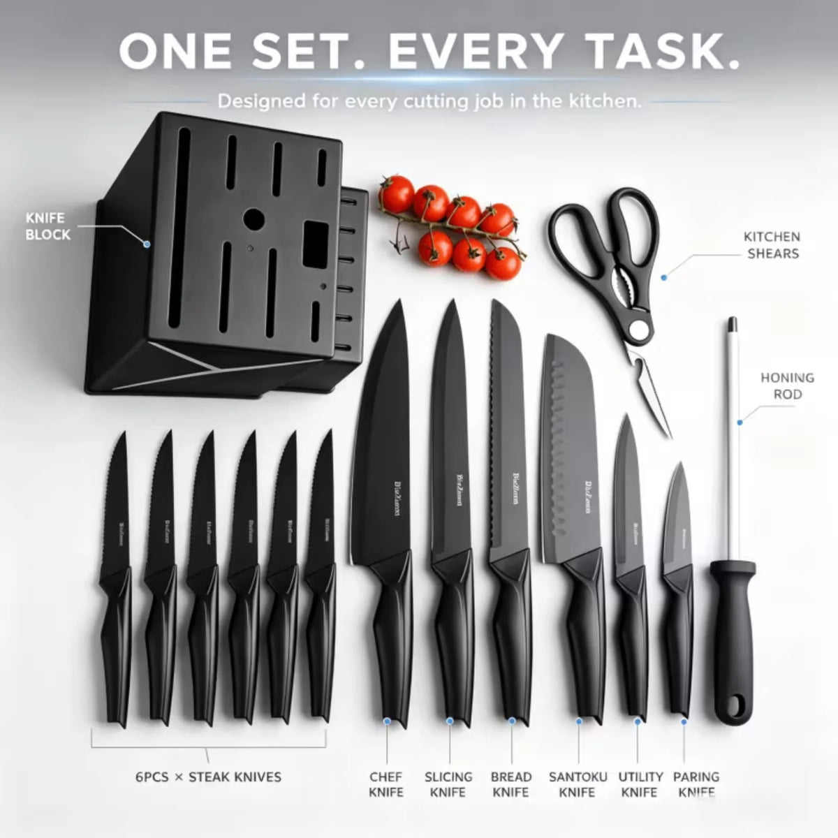 15 Piece Stainless Steel Kitchen Knife Set With Integrated Sharpener
