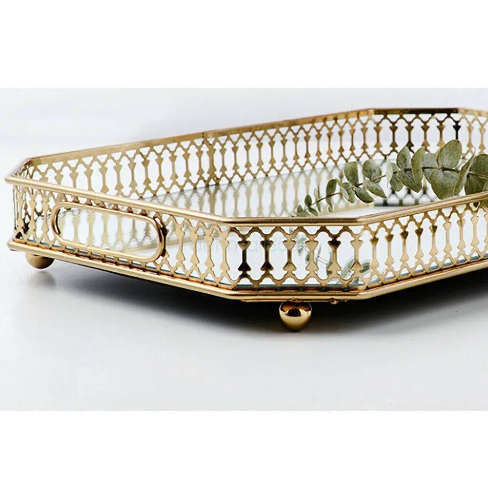 Decorative Glass Top Metal Vanity Tray For Makeup Jewelry Storage