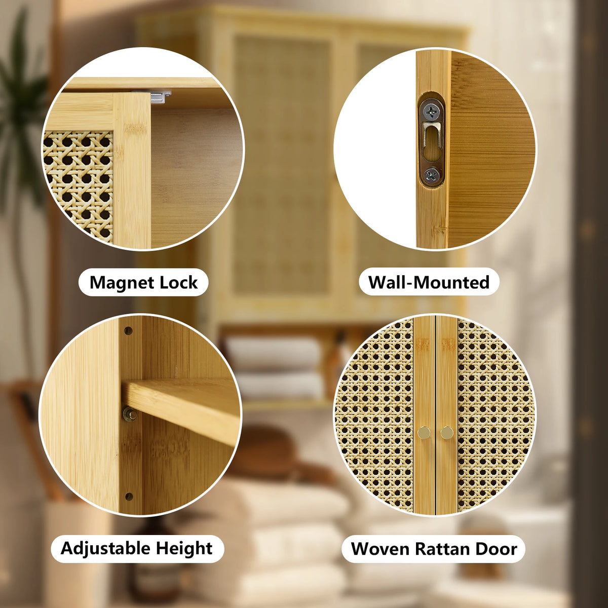 Bamboo Wall Cabinet With Triple Shelves And Double Doors