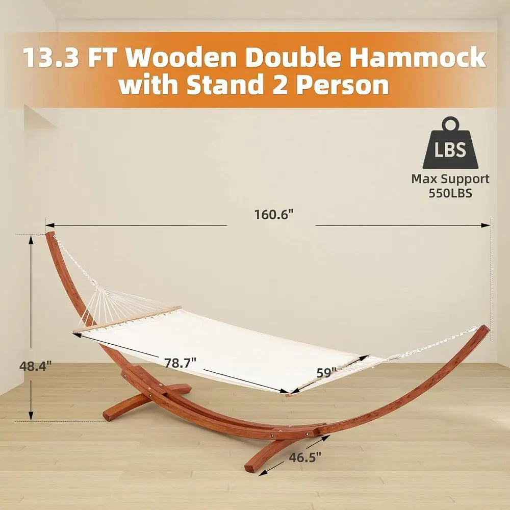 Heavy Duty Double Hammock With Wooden Stand For Patio Garden