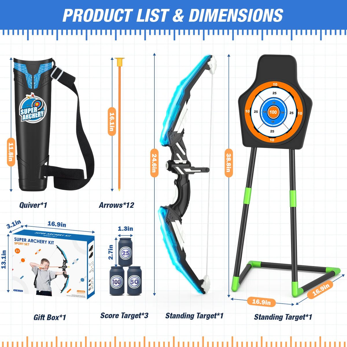 Led Light Up Archery Set With Suction Arrows And Targets