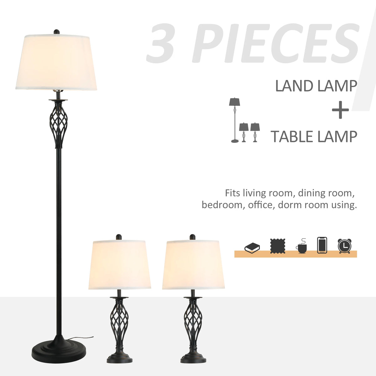 HOMCOM 3 Piece Contemporary Table And Floor Lamp Set