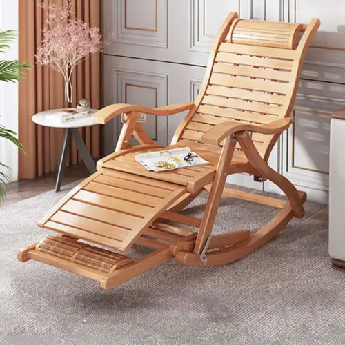Bamboo Folding Rocking Chair Adjustable Sun Lounger for Indoor Outdoor Living