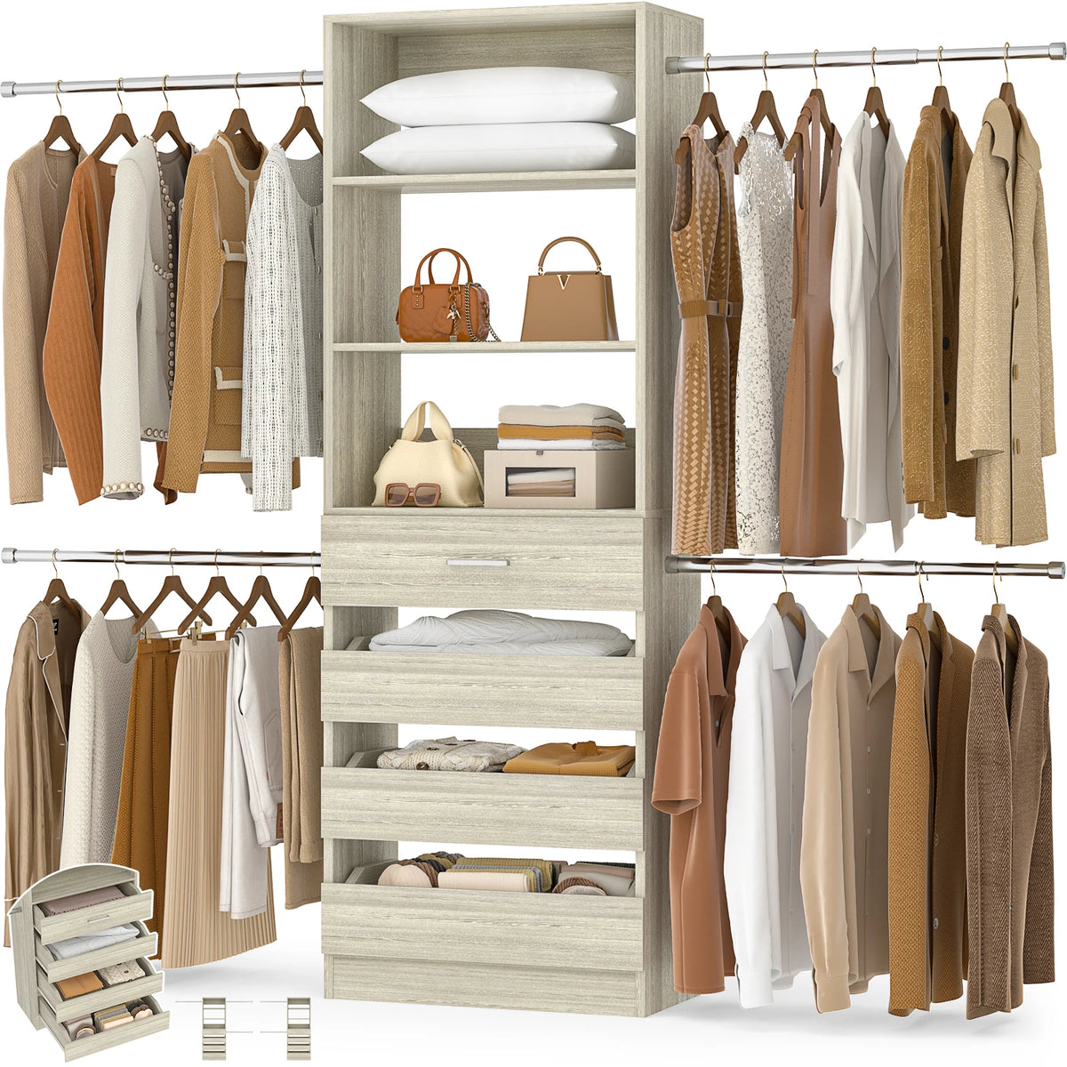 Aheaplus Modern Four Drawer Closet Organizer With Hanging Rods