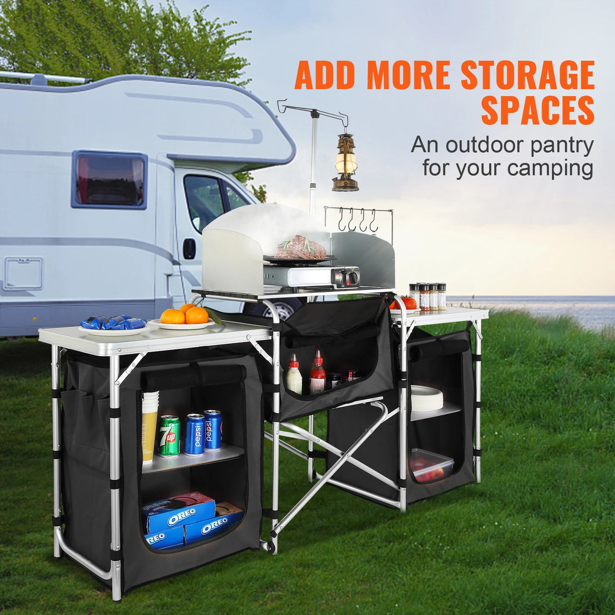 SucceBuy Portable Folding Camping Kitchen Table With Storage Rack
