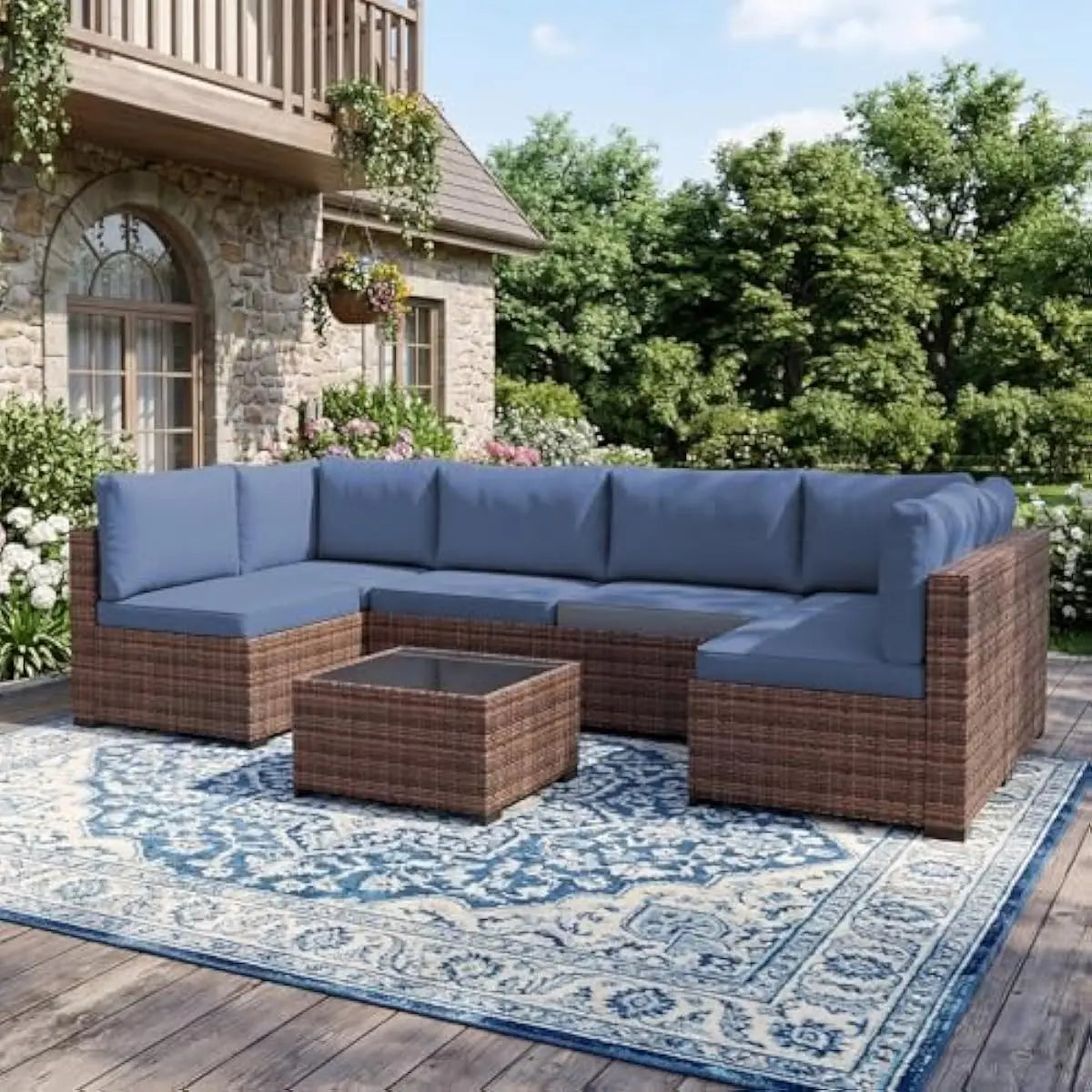 Modern Outdoor PE Rattan Sectional Set Glass Table Removable Cushions