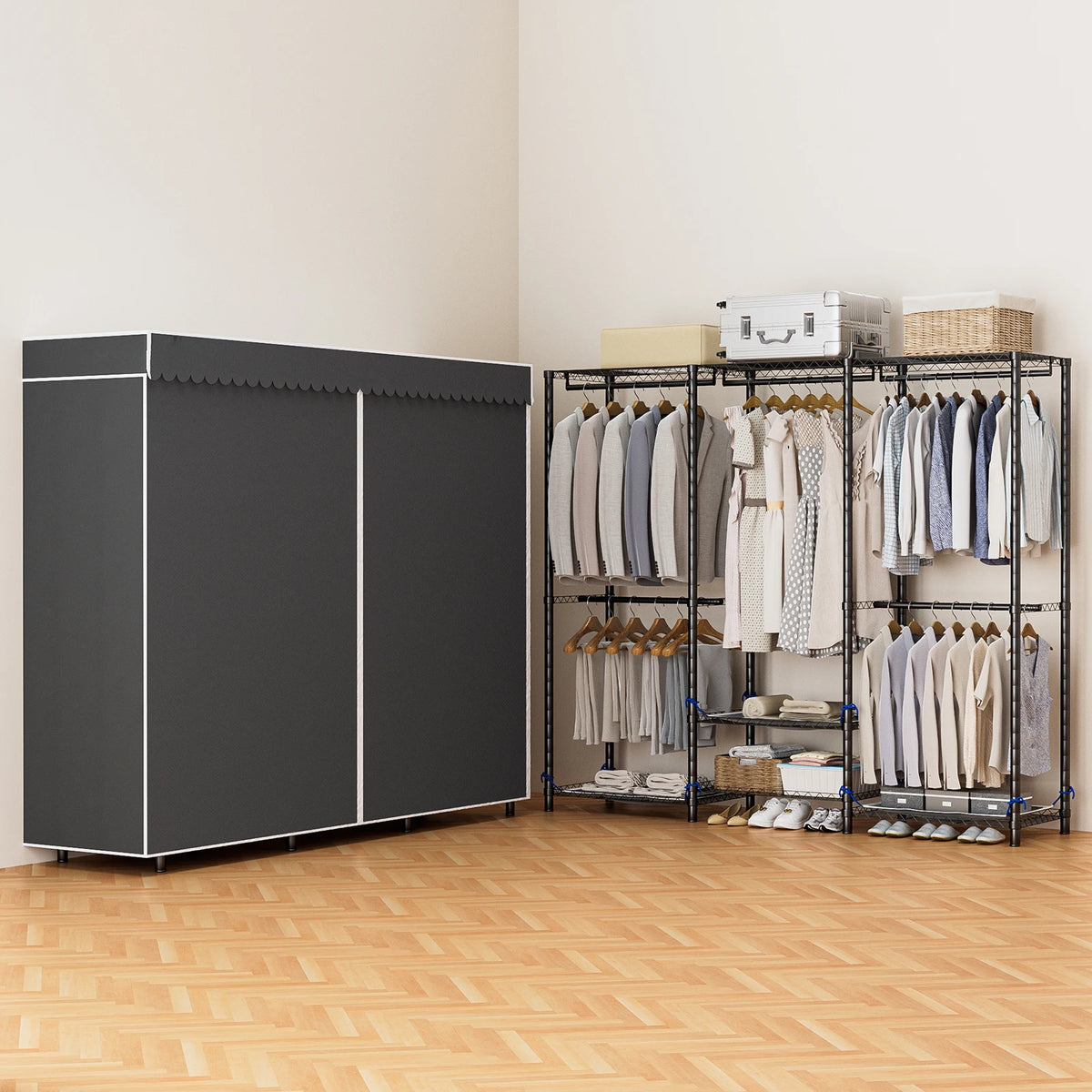 Freestanding Metal Clothes Rack And Portable Storage Organizer With Rod