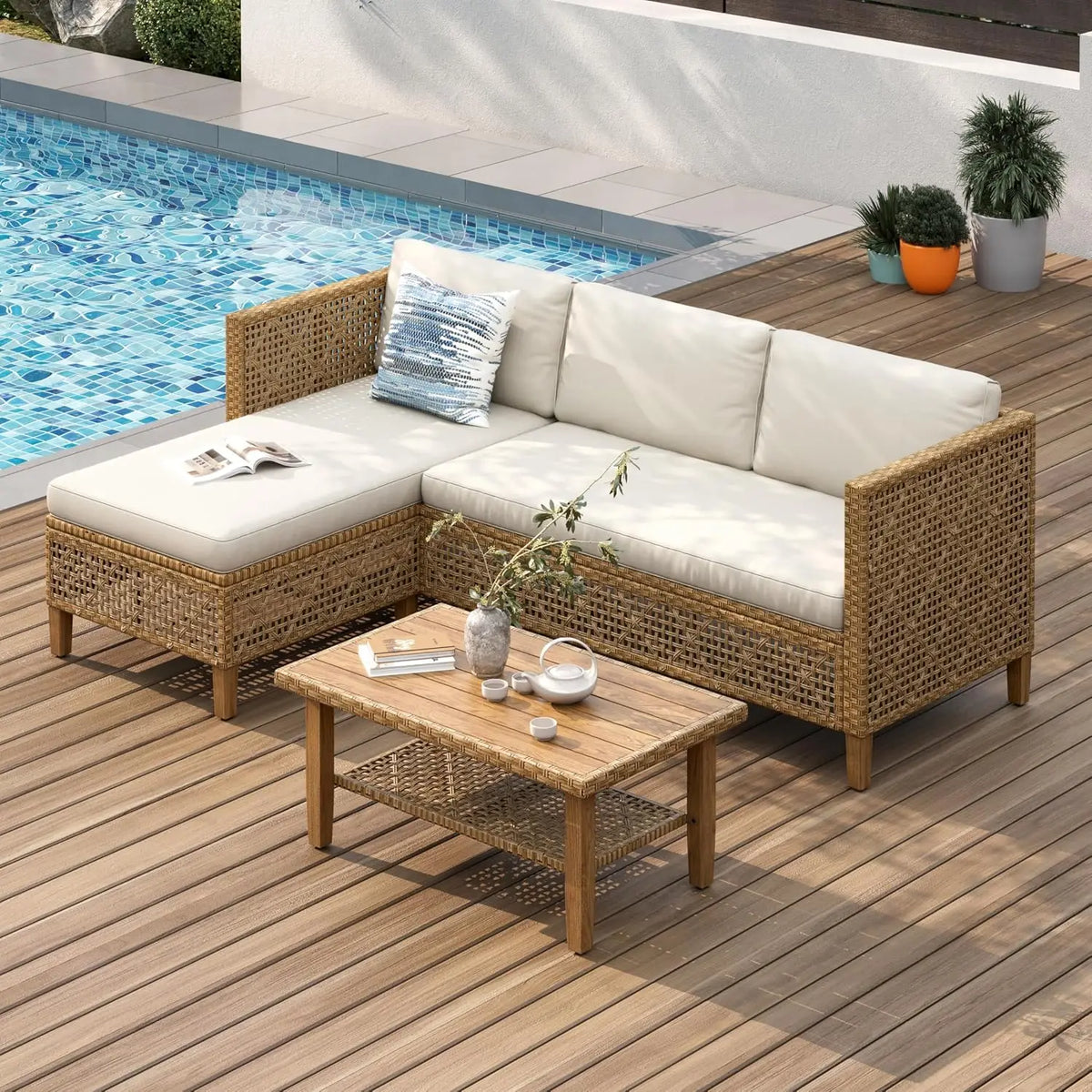 Outdoor Rattan Sectional Patio Sofa Set With Wood Frame