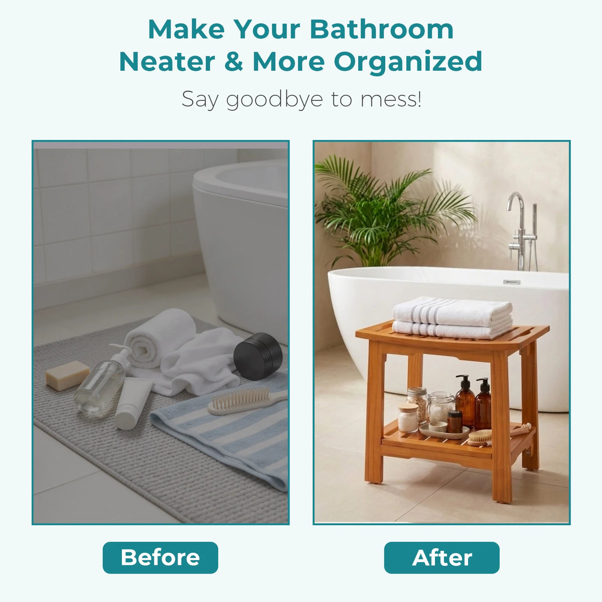 MCQ Wooden Shower Bench With Storage Shelf Waterproof Bathroom Seat
