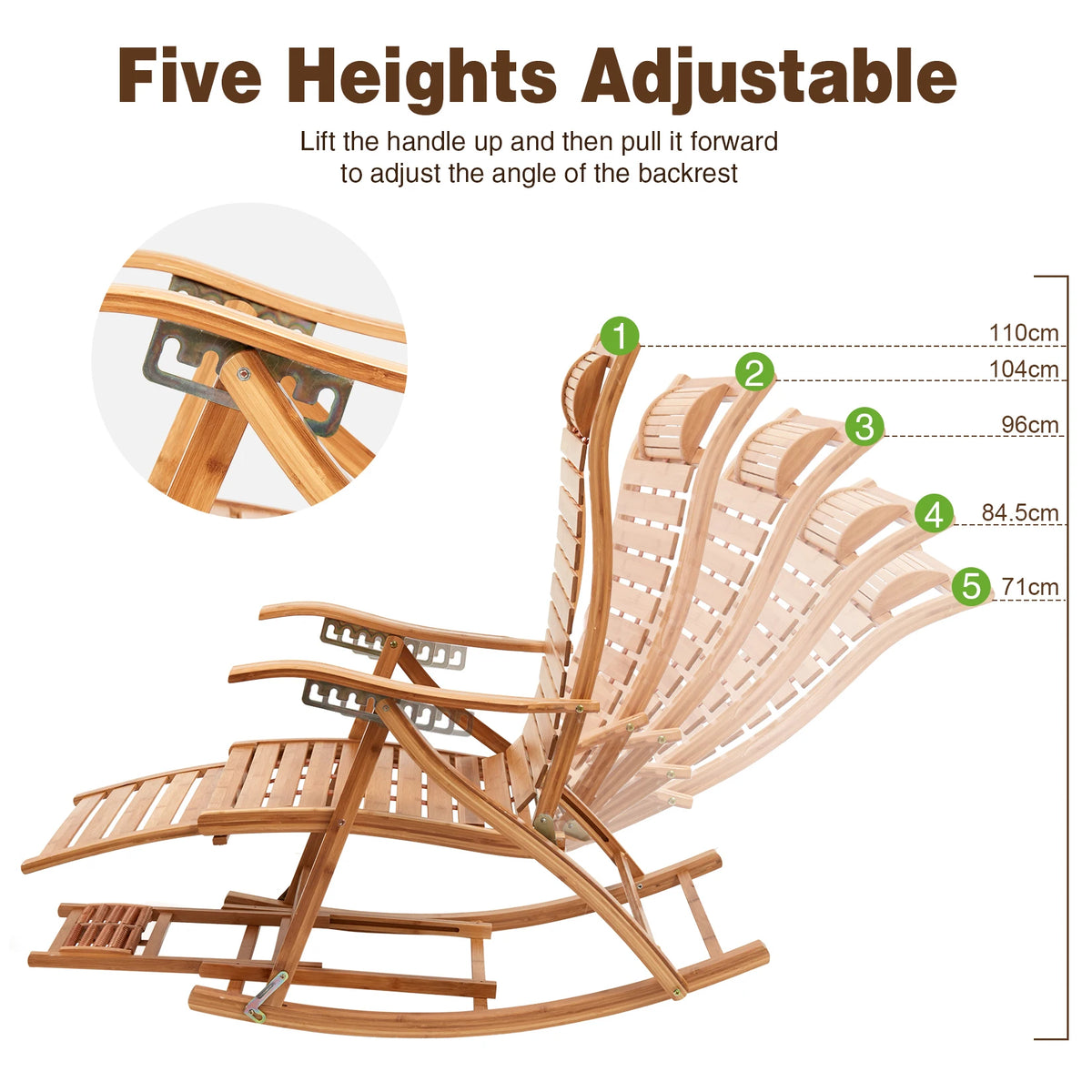 Bamboo Folding Rocking Chair Adjustable Sun Lounger for Indoor Outdoor Living