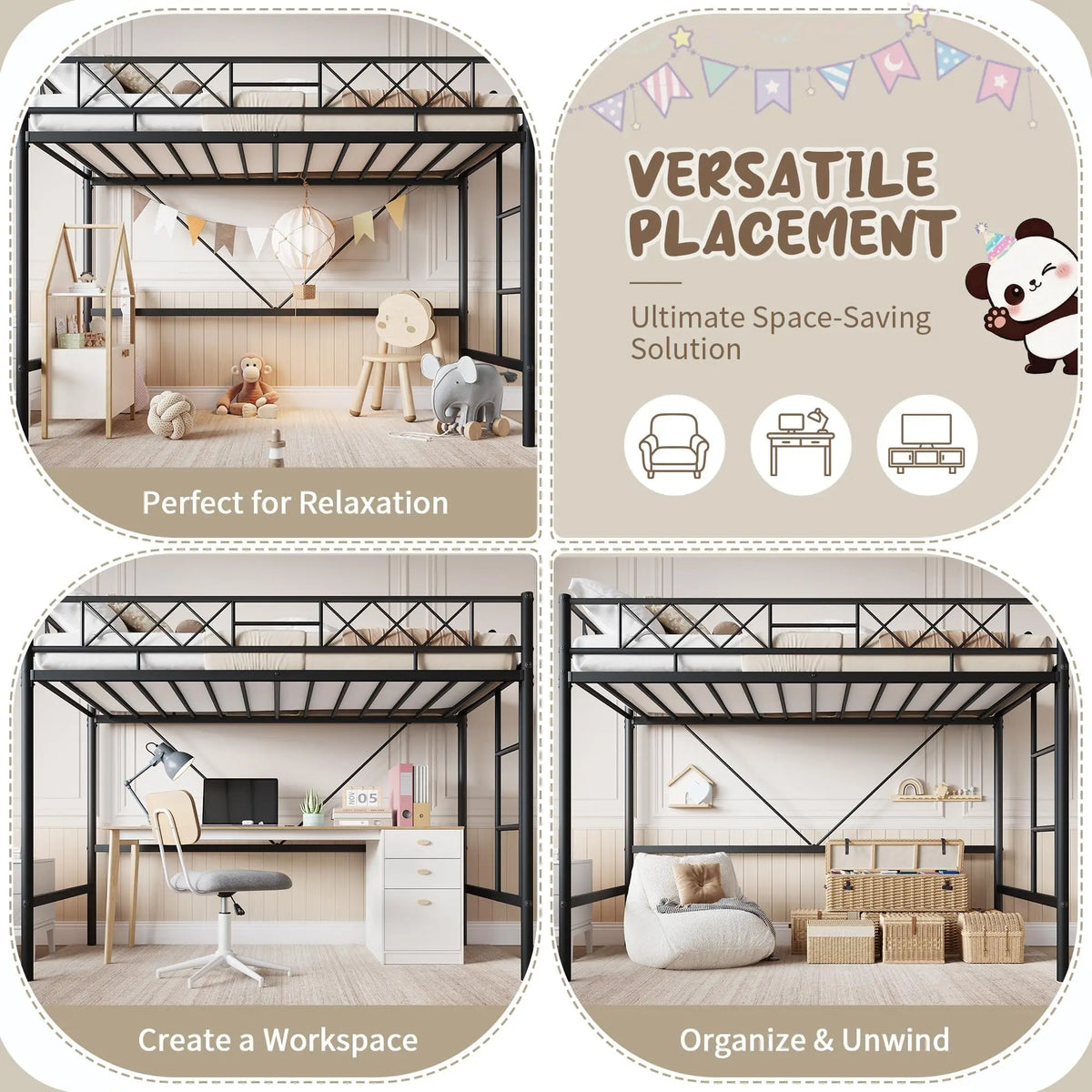 HiMISS Metal Loft Bed Frame With Arched Guardrail Steel Slats