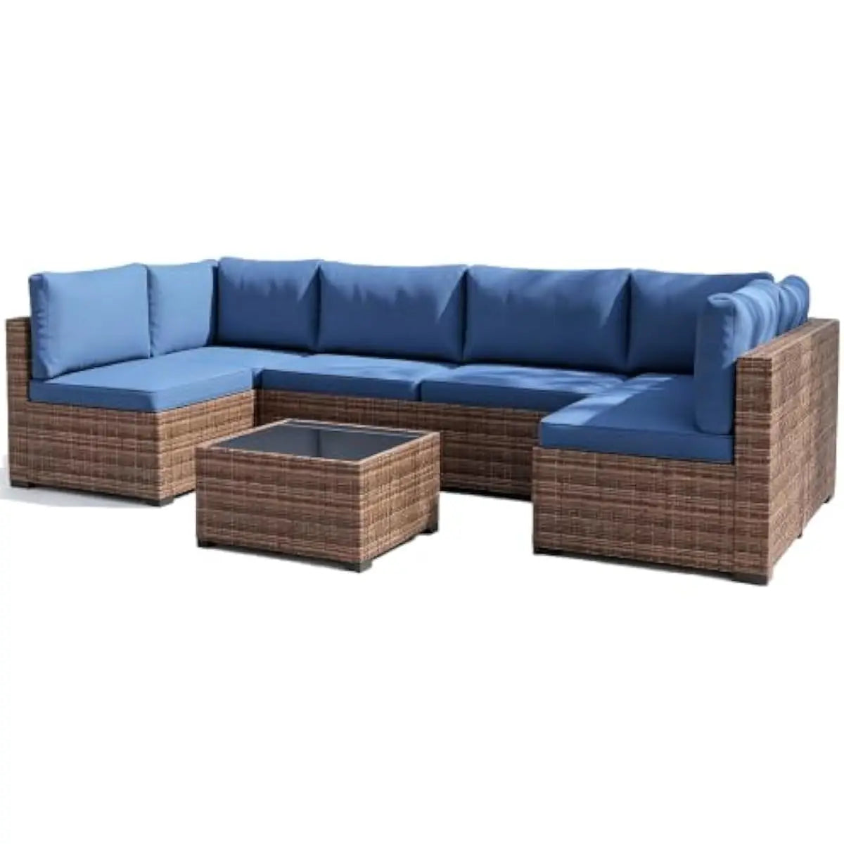 Modern Outdoor PE Rattan Sectional Set Glass Table Removable Cushions