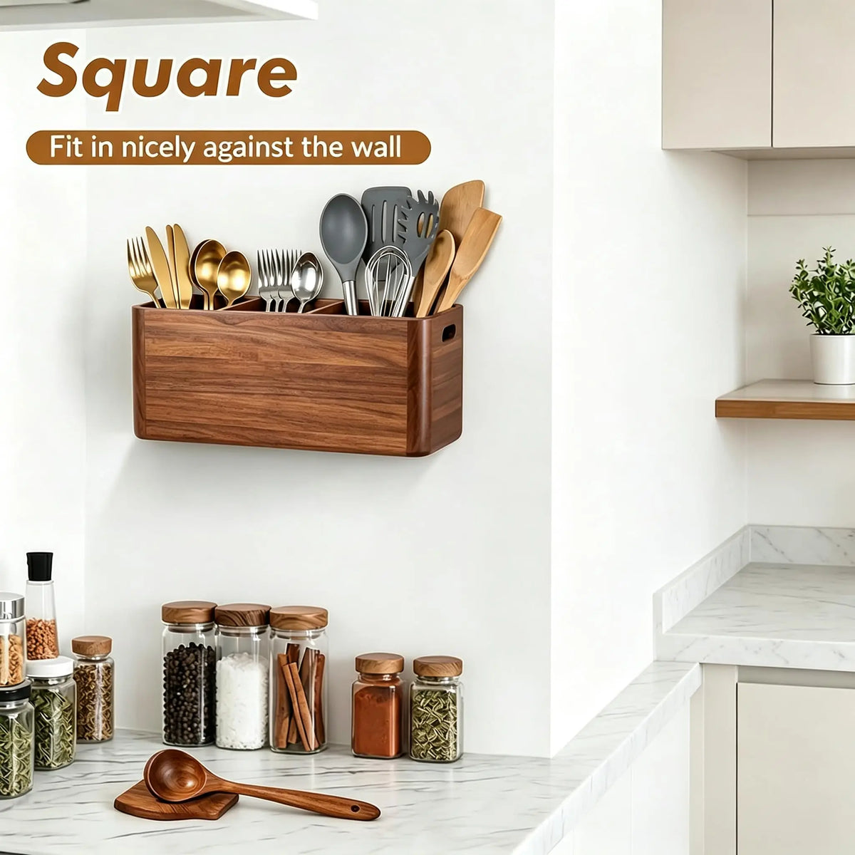 Wooden Kitchen Utensil Holder Four Compartment Counter Organizer
