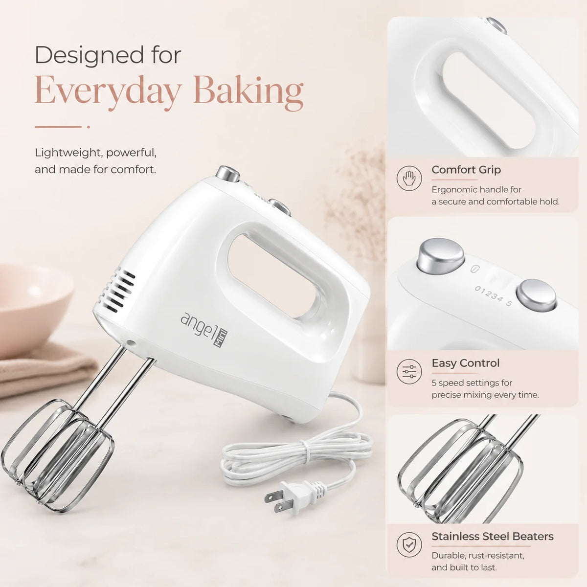 400W Kitchen Electric Hand Mixer With Dough Hooks Whisk