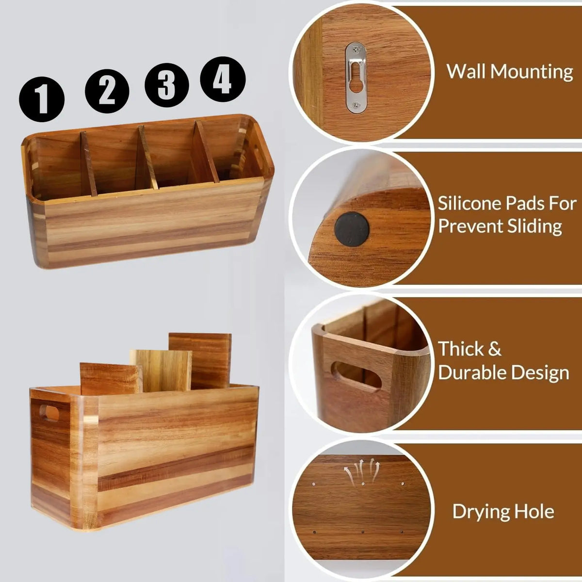 Wooden Kitchen Utensil Holder Four Compartment Counter Organizer