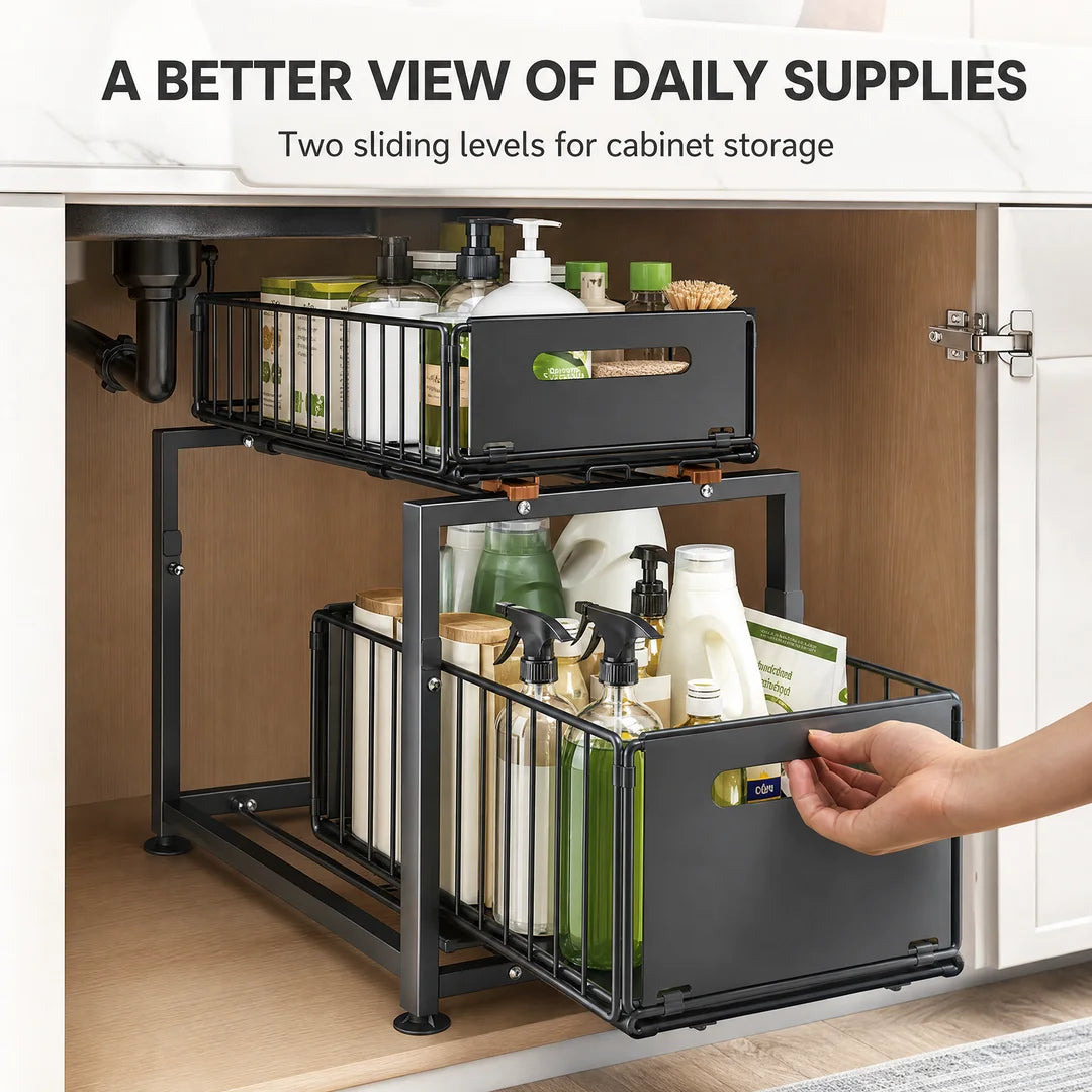 Adjustable Height Under Sink Storage Rack For Kitchen Cabinet Organization