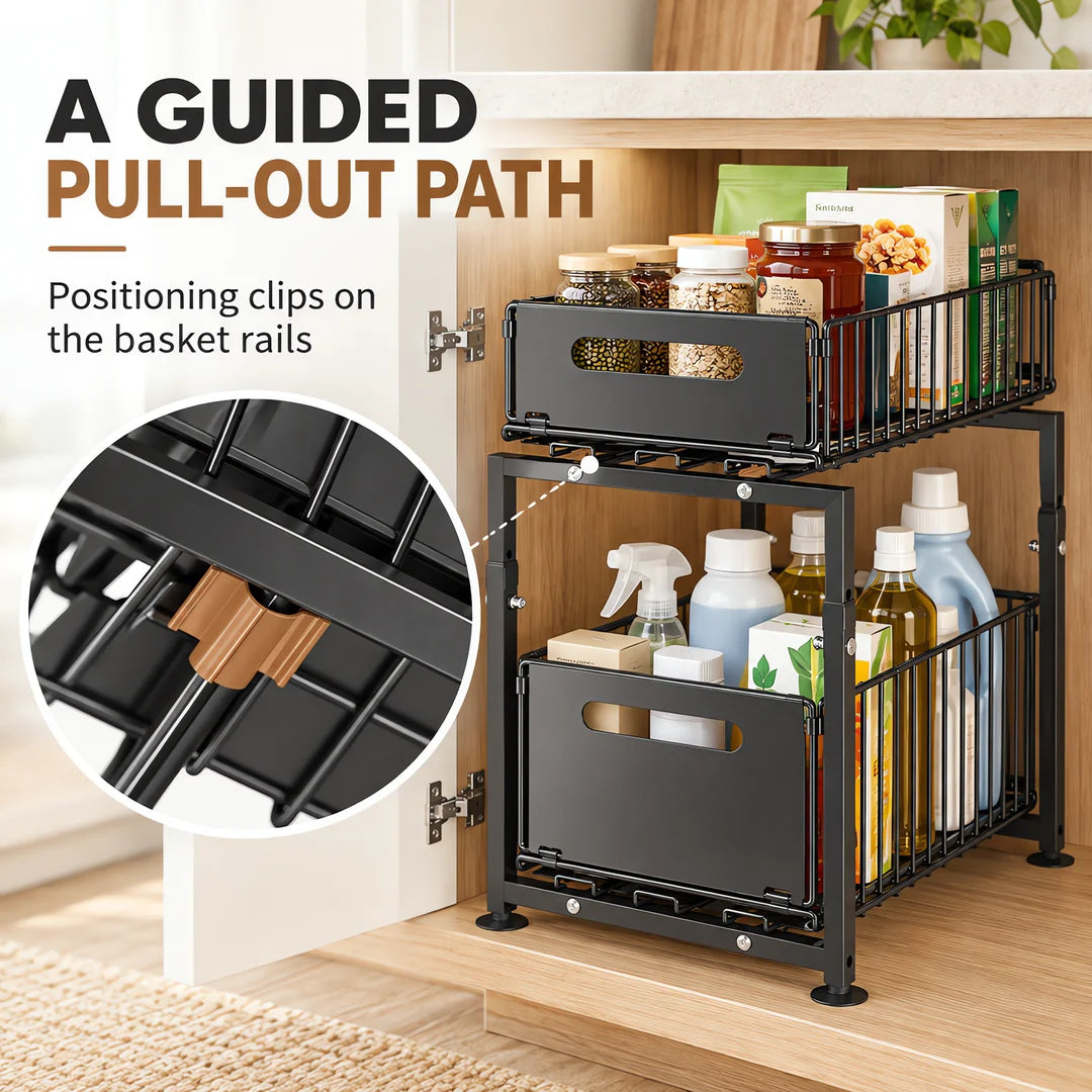 Adjustable Height Under Sink Storage Rack For Kitchen Cabinet Organization