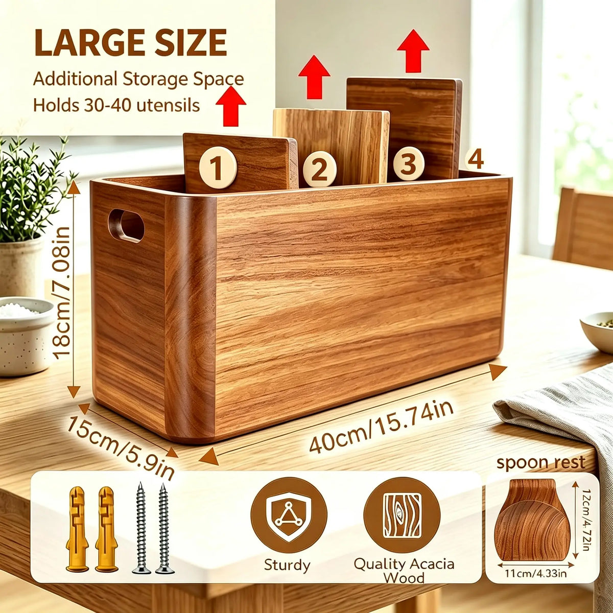 Wooden Kitchen Utensil Holder Four Compartment Counter Organizer