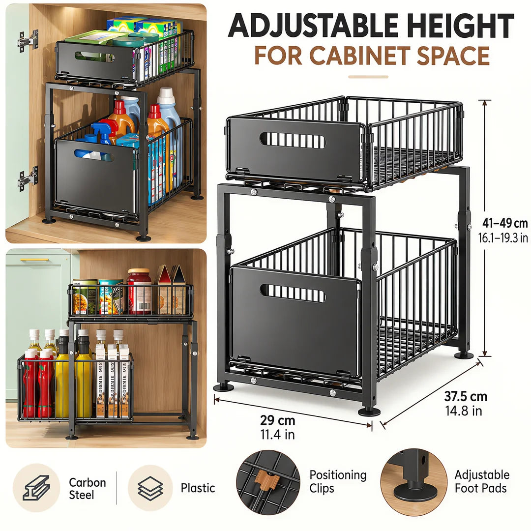 Adjustable Height Under Sink Storage Rack For Kitchen Cabinet Organization