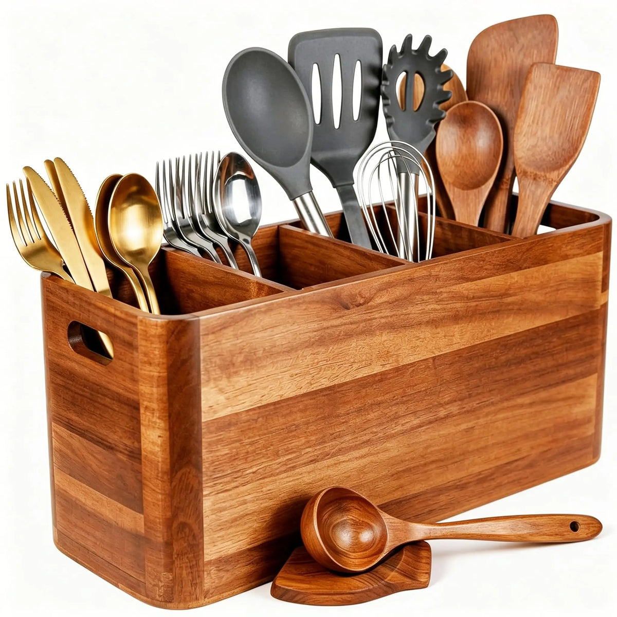 Wooden Kitchen Utensil Holder Four Compartment Counter Organizer