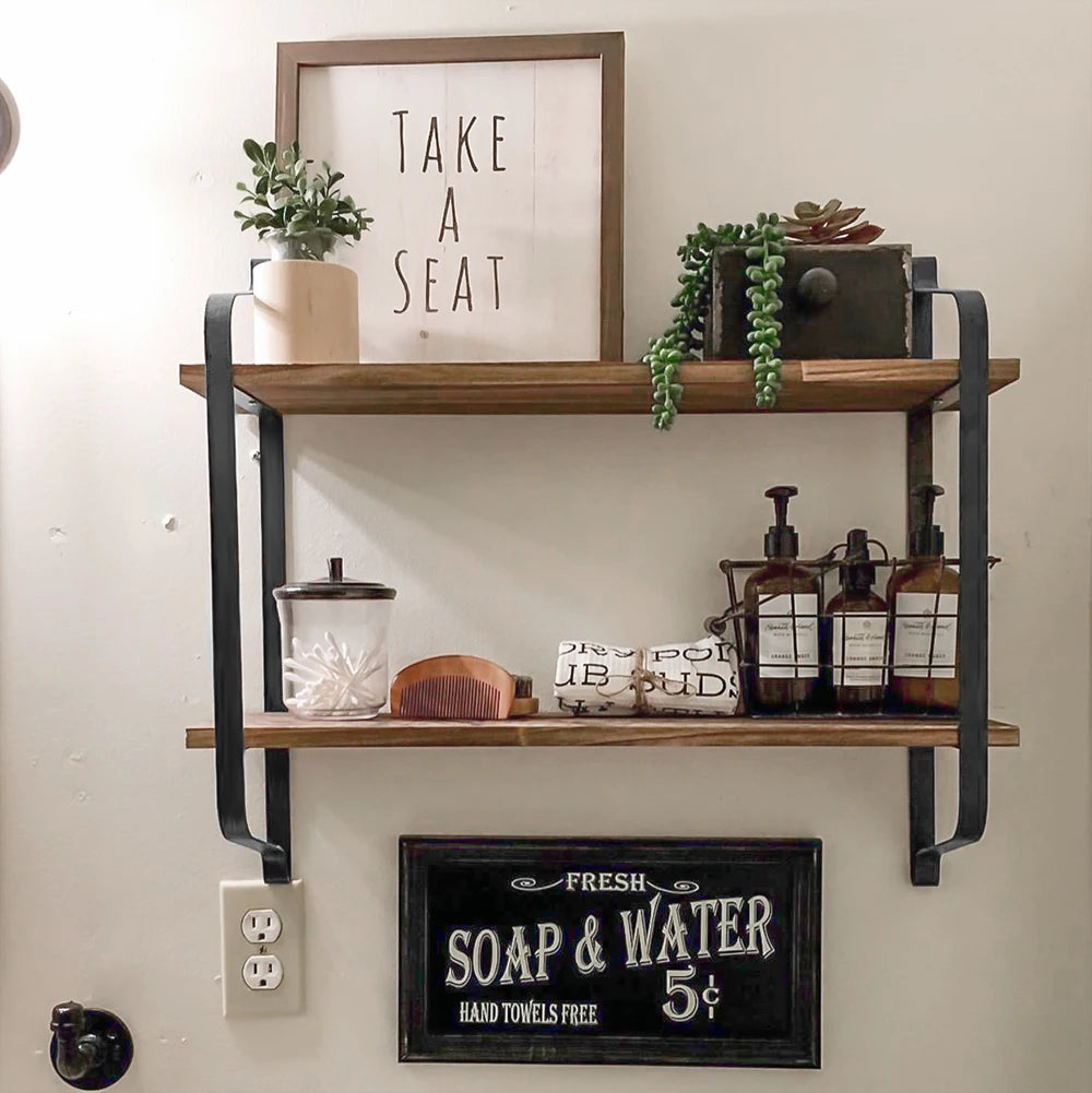 Rustic Industrial Pipe Wall Mounted Wooden Storage Floating Shelf