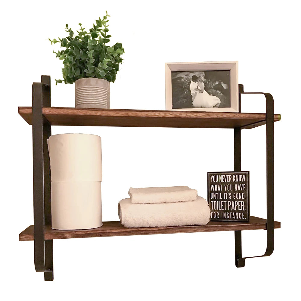 Rustic Industrial Pipe Wall Mounted Wooden Storage Floating Shelf