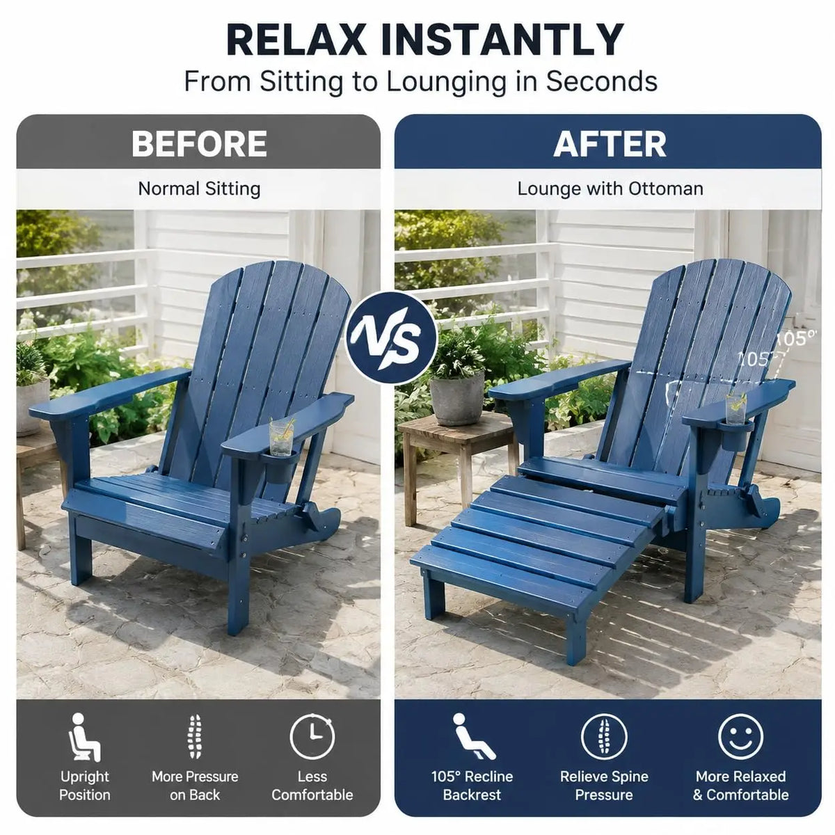 Sunvasagoo Folding Hdpe Adirondack Chair With Retractable Ottoman