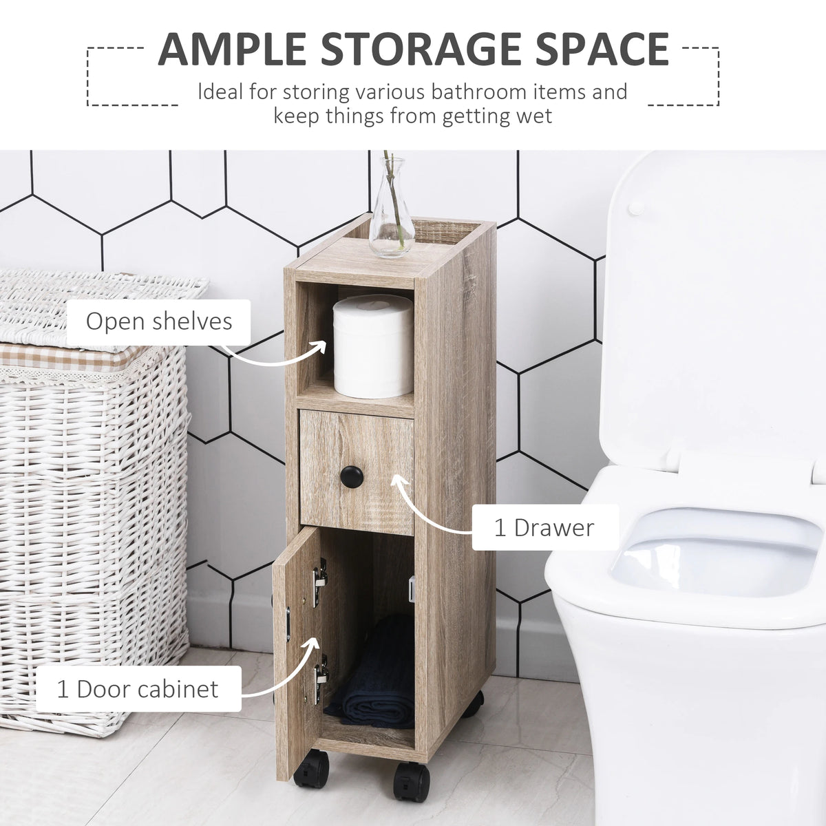 Kleankin Freestanding Mobile Bathroom Cabinet With Drawers And Doors