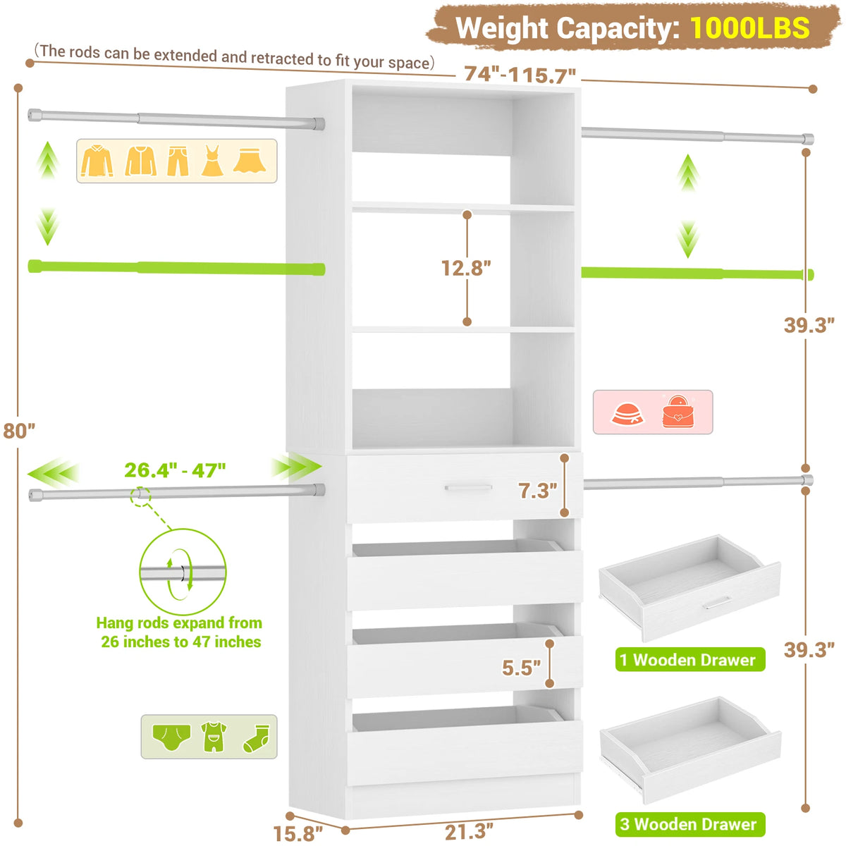 Aheaplus Modern Four Drawer Closet Organizer With Hanging Rods