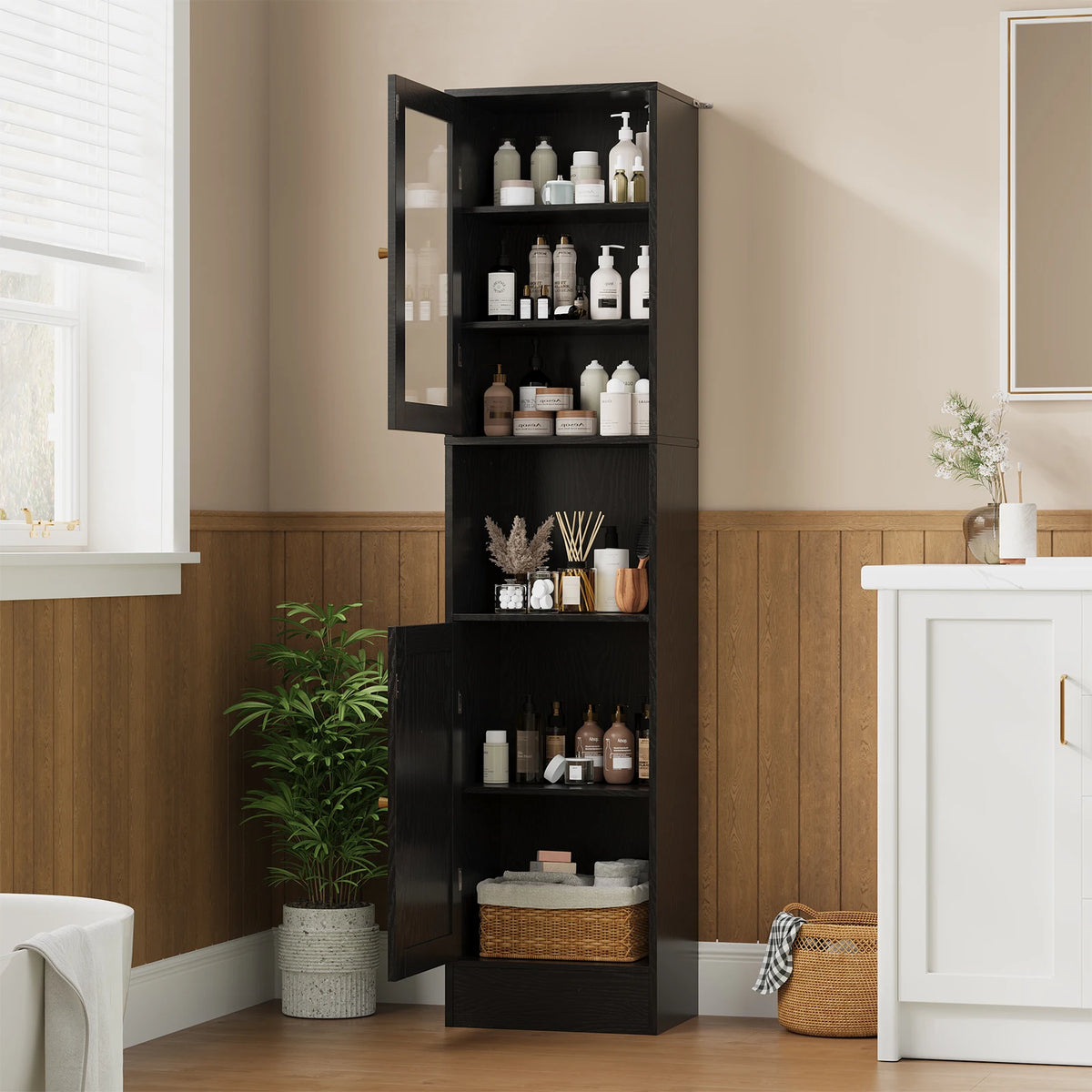HOSSLLY Slim Bathroom Storage Cabinet With Glass Doors And Shelves