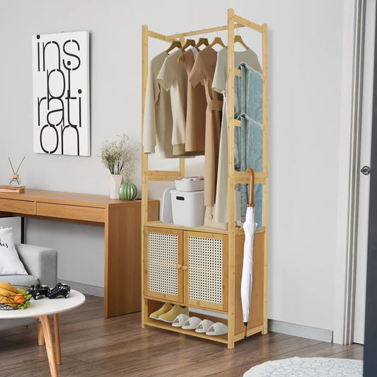 Free Standing Wooden Clothes Rack With Cabinet And Storage Shelves